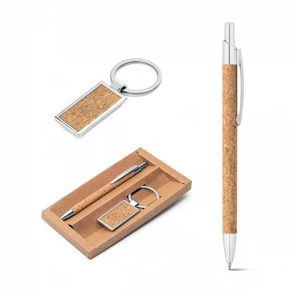 Kit com Caneta e Chaveiro em Cortiça Personalizado 