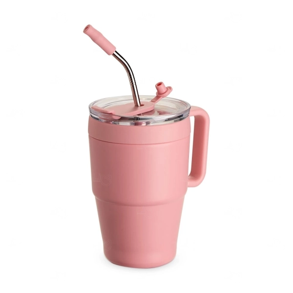 Caneca Térmica 600ml com Canudo Inox Personalizada Rosa