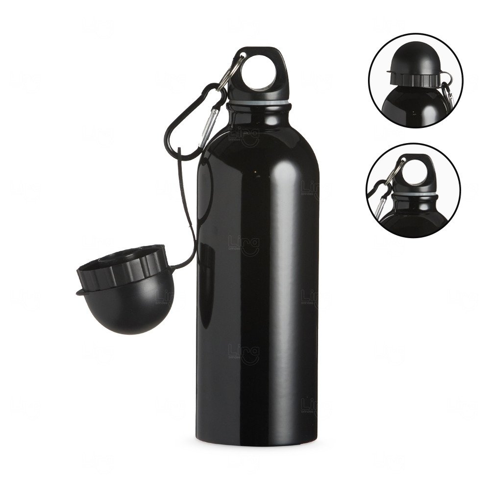 Squeeze Inox 500ml com Bico e Mosquetão Personalizado Preto