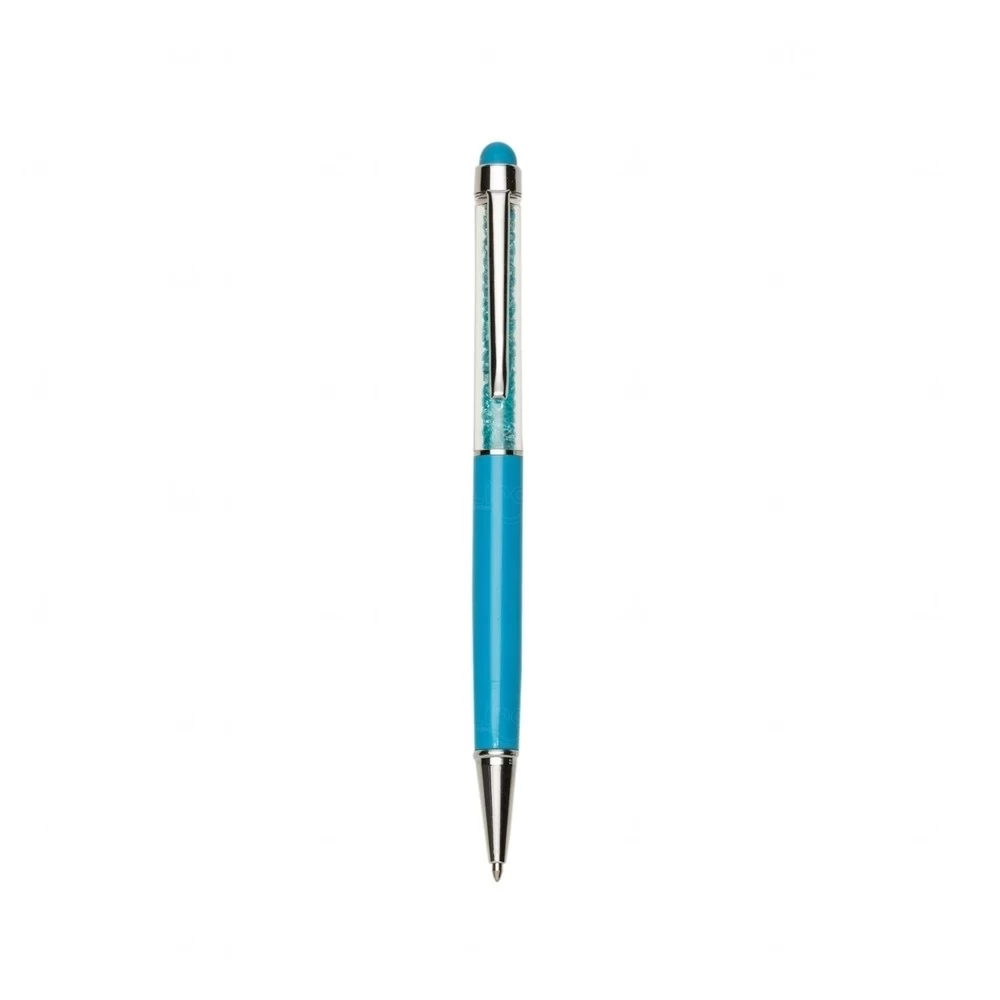 Caneta Metálica com Cristais e Touch Personalizada Azul Claro