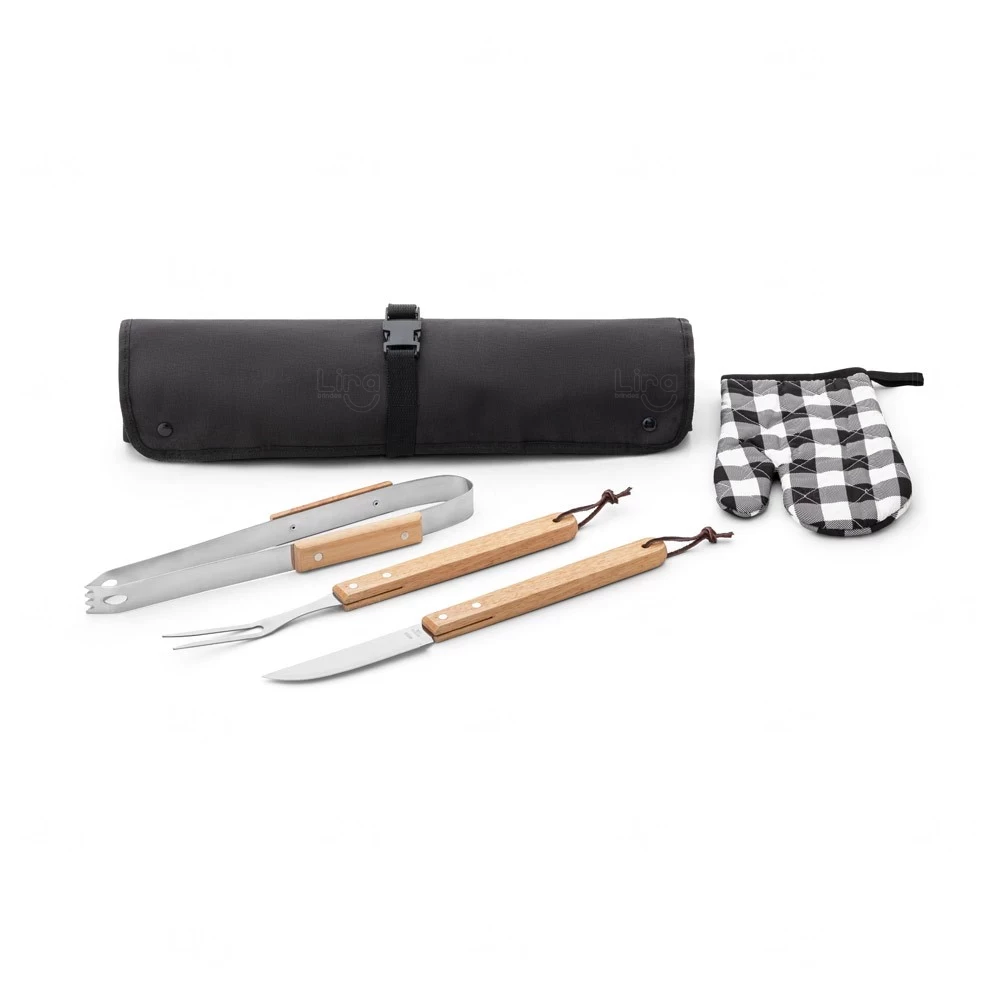 Kit Churrasco 4 Peças com Avental/Estojo, Faca, Garfo e Pinça 