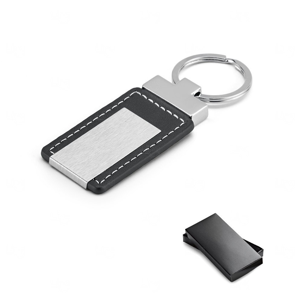 Chaveiro Metálico com Couro e Placa para Gravação 