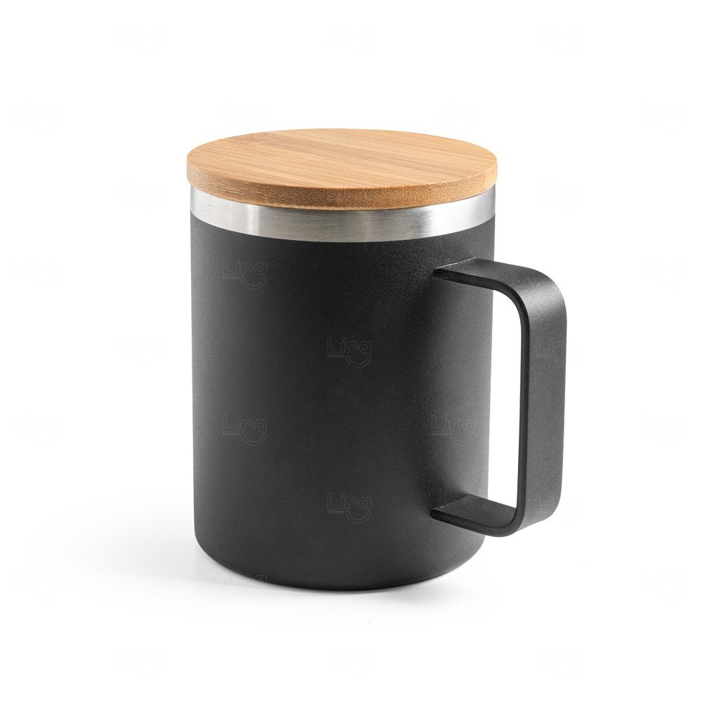 Caneca Térmica 420ml Inox Reciclado e Tampa Bambu Personalizada Preto