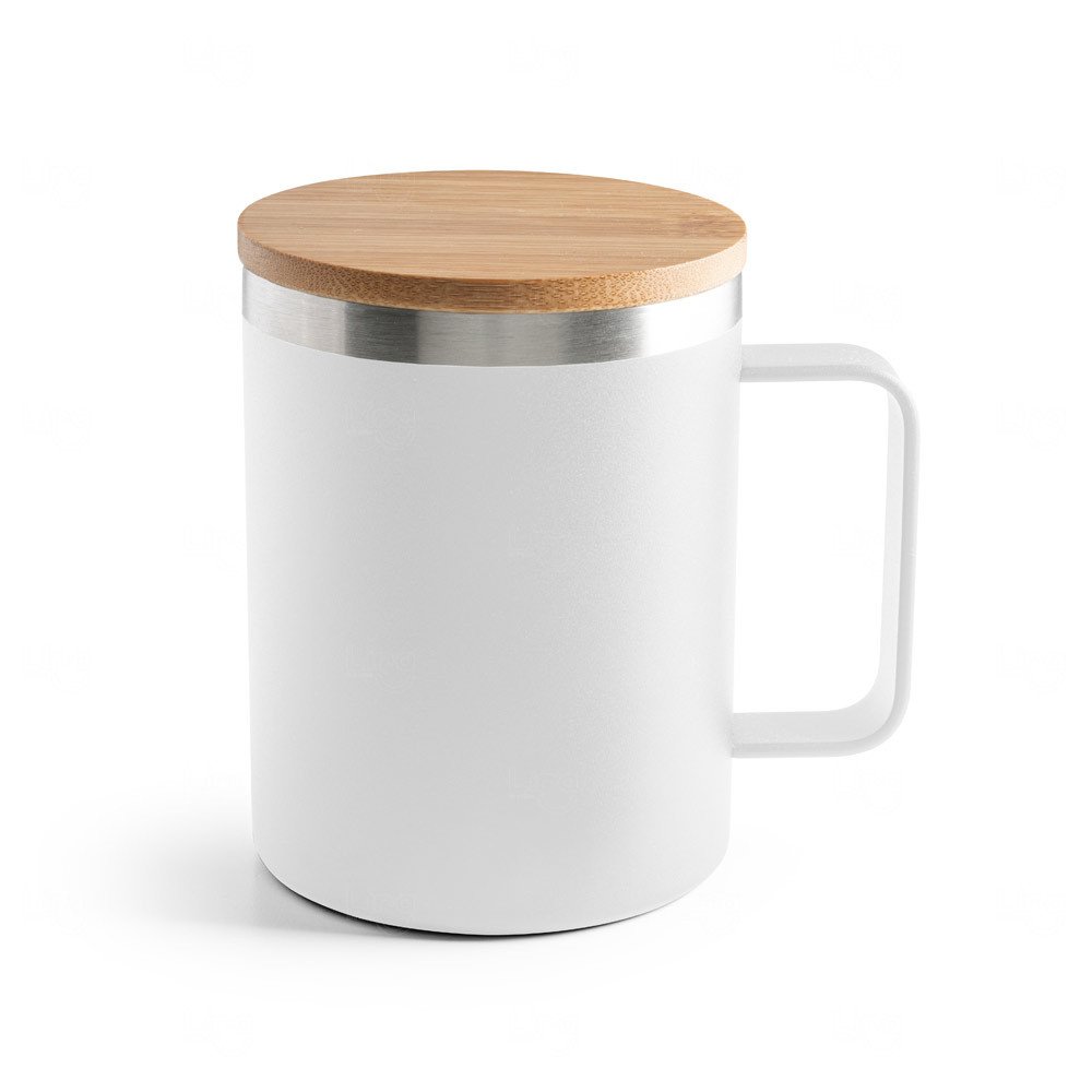 Caneca Térmica 420ml Inox Reciclado e Tampa Bambu Personalizada Branco