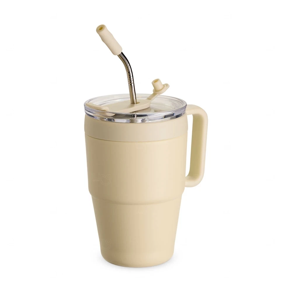 Caneca Térmica 600ml com Canudo Inox Personalizada Creme