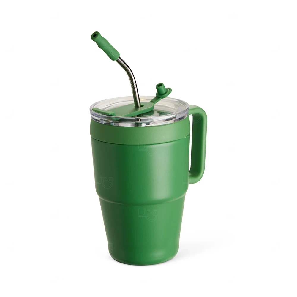 Caneca Térmica 600ml com Canudo Inox Personalizada Verde